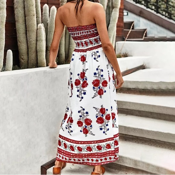 CLEARANCE Red Floral Printed Strapless Dress - Picture 3 of 4